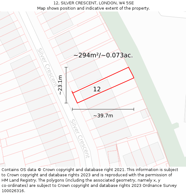 12, SILVER CRESCENT, LONDON, W4 5SE: Plot and title map