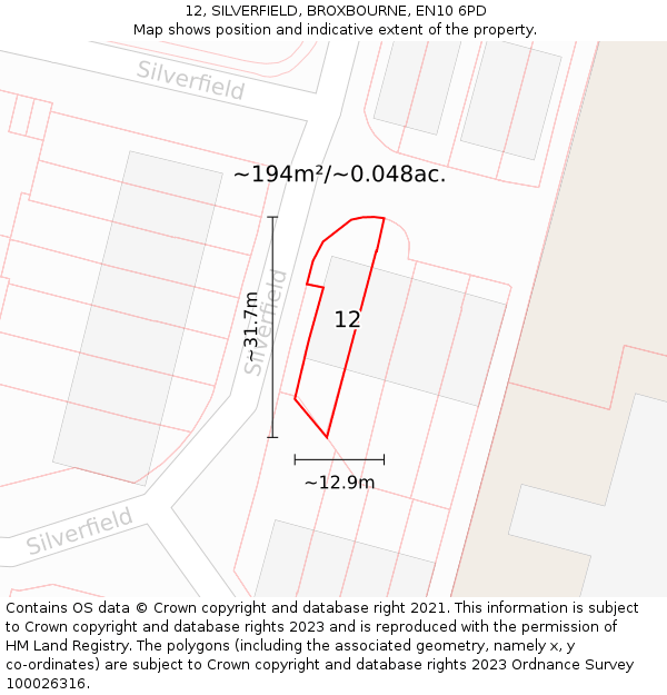 12, SILVERFIELD, BROXBOURNE, EN10 6PD: Plot and title map