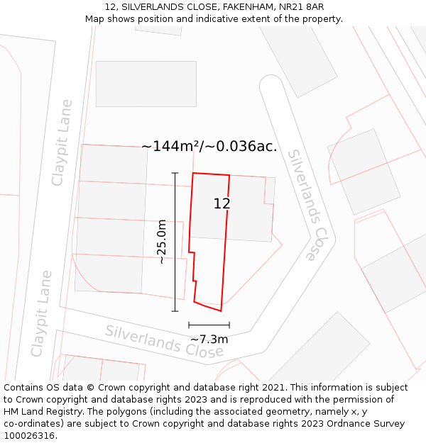 12, SILVERLANDS CLOSE, FAKENHAM, NR21 8AR: Plot and title map