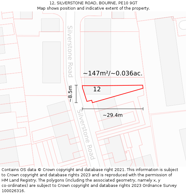 12, SILVERSTONE ROAD, BOURNE, PE10 9GT: Plot and title map