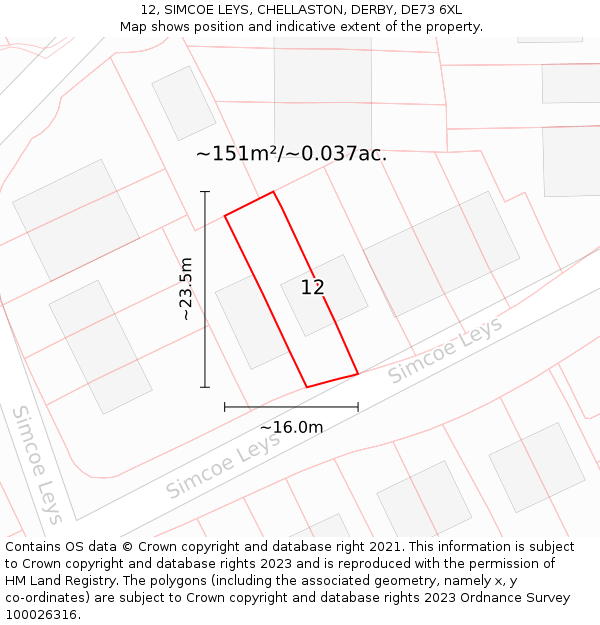 12, SIMCOE LEYS, CHELLASTON, DERBY, DE73 6XL: Plot and title map