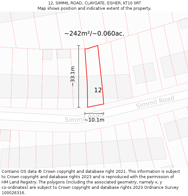 12, SIMMIL ROAD, CLAYGATE, ESHER, KT10 0RT: Plot and title map