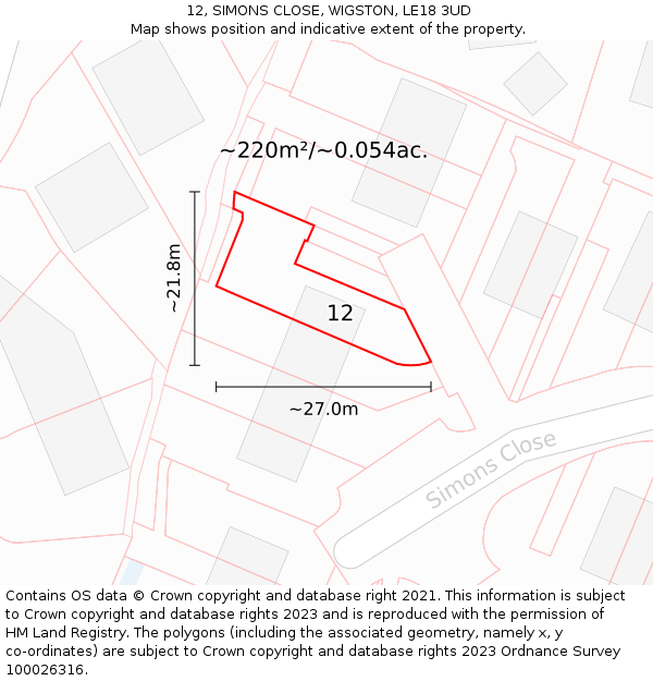 12, SIMONS CLOSE, WIGSTON, LE18 3UD: Plot and title map
