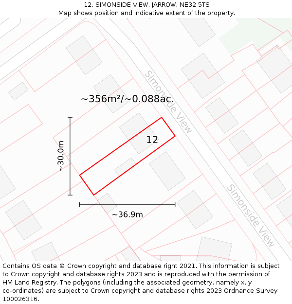 12, SIMONSIDE VIEW, JARROW, NE32 5TS: Plot and title map