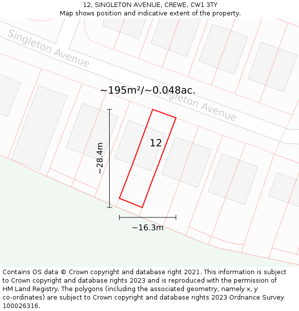 12, SINGLETON AVENUE, CREWE, CW1 3TY: Plot and title map