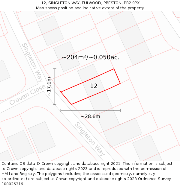 12, SINGLETON WAY, FULWOOD, PRESTON, PR2 9PX: Plot and title map