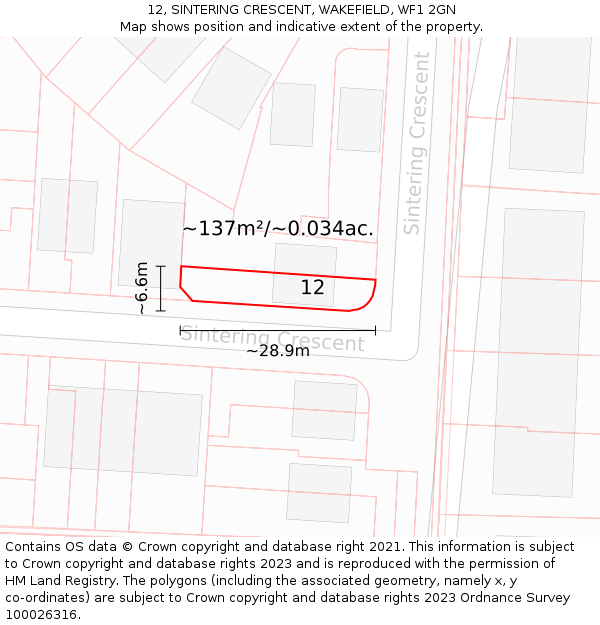 12, SINTERING CRESCENT, WAKEFIELD, WF1 2GN: Plot and title map