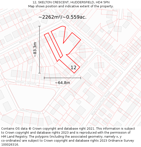 12, SKELTON CRESCENT, HUDDERSFIELD, HD4 5PN: Plot and title map