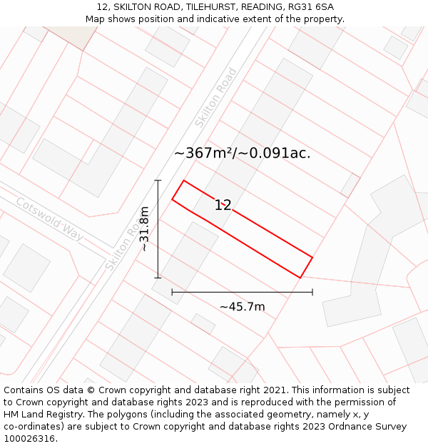 12, SKILTON ROAD, TILEHURST, READING, RG31 6SA: Plot and title map