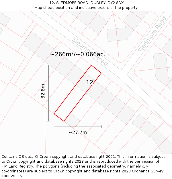 12, SLEDMORE ROAD, DUDLEY, DY2 8DX: Plot and title map