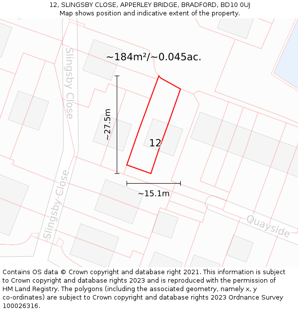 12, SLINGSBY CLOSE, APPERLEY BRIDGE, BRADFORD, BD10 0UJ: Plot and title map