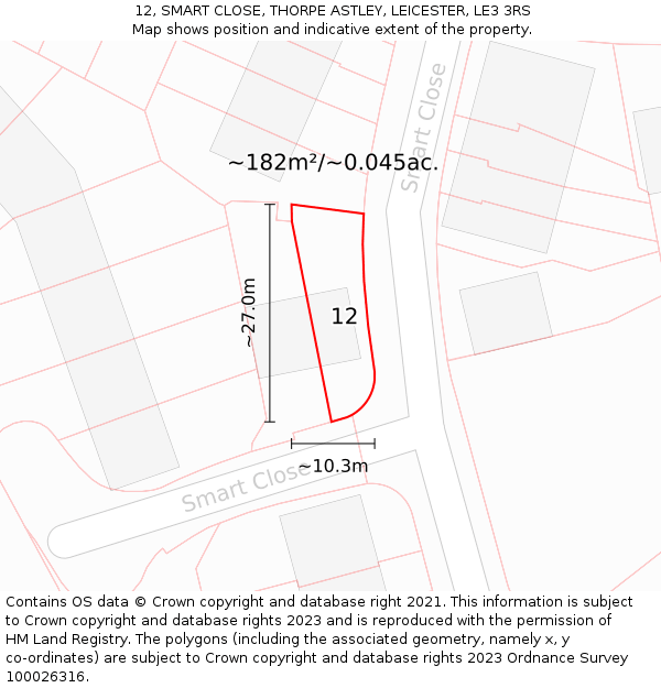 12, SMART CLOSE, THORPE ASTLEY, LEICESTER, LE3 3RS: Plot and title map