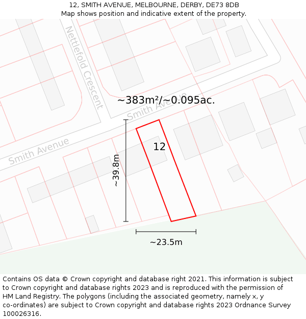 12, SMITH AVENUE, MELBOURNE, DERBY, DE73 8DB: Plot and title map