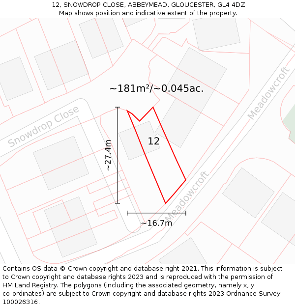 12, SNOWDROP CLOSE, ABBEYMEAD, GLOUCESTER, GL4 4DZ: Plot and title map