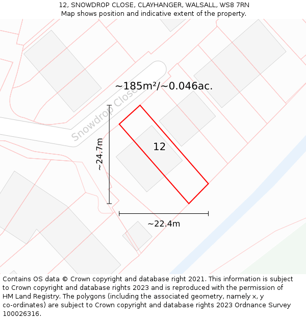 12, SNOWDROP CLOSE, CLAYHANGER, WALSALL, WS8 7RN: Plot and title map