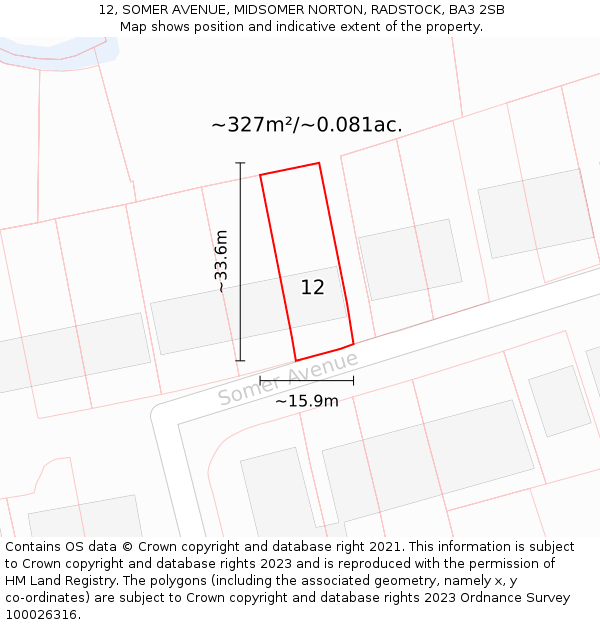 12, SOMER AVENUE, MIDSOMER NORTON, RADSTOCK, BA3 2SB: Plot and title map