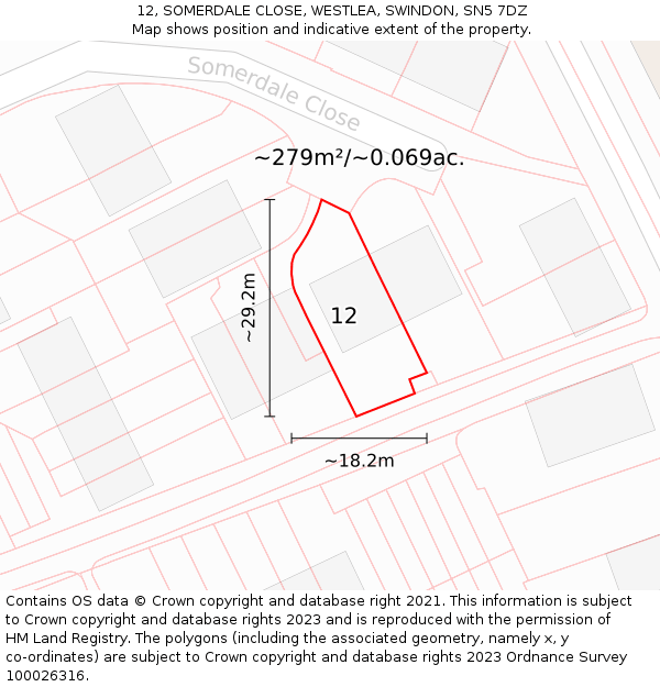 12, SOMERDALE CLOSE, WESTLEA, SWINDON, SN5 7DZ: Plot and title map