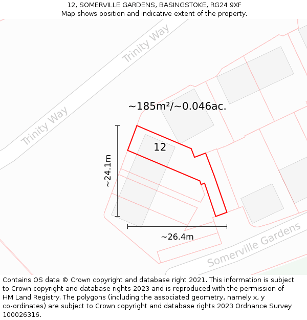 12, SOMERVILLE GARDENS, BASINGSTOKE, RG24 9XF: Plot and title map