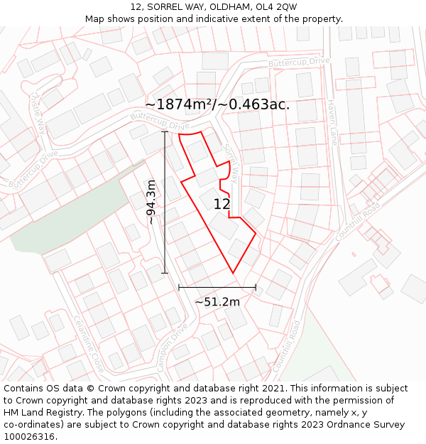 12, SORREL WAY, OLDHAM, OL4 2QW: Plot and title map