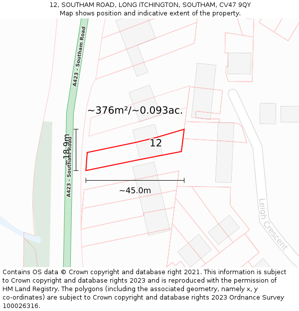 12, SOUTHAM ROAD, LONG ITCHINGTON, SOUTHAM, CV47 9QY: Plot and title map