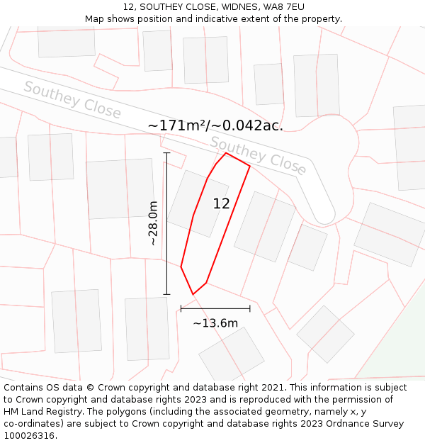 12, SOUTHEY CLOSE, WIDNES, WA8 7EU: Plot and title map