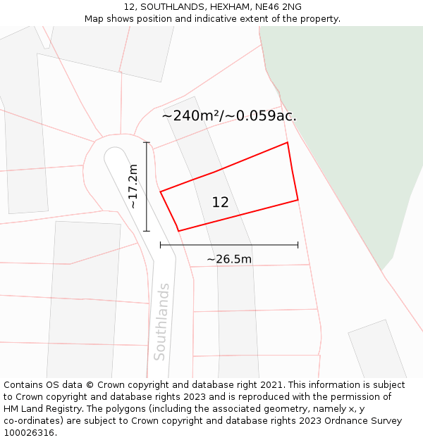 12, SOUTHLANDS, HEXHAM, NE46 2NG: Plot and title map