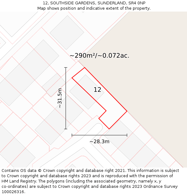 12, SOUTHSIDE GARDENS, SUNDERLAND, SR4 0NP: Plot and title map