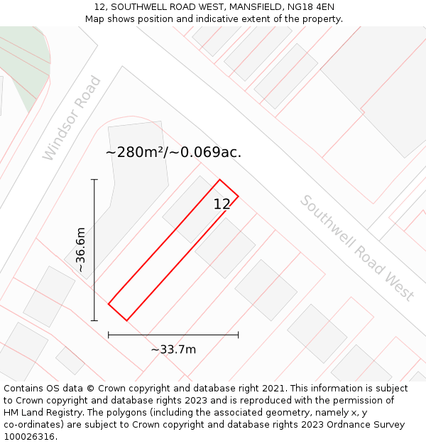 12, SOUTHWELL ROAD WEST, MANSFIELD, NG18 4EN: Plot and title map