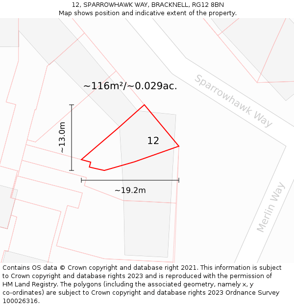 12, SPARROWHAWK WAY, BRACKNELL, RG12 8BN: Plot and title map