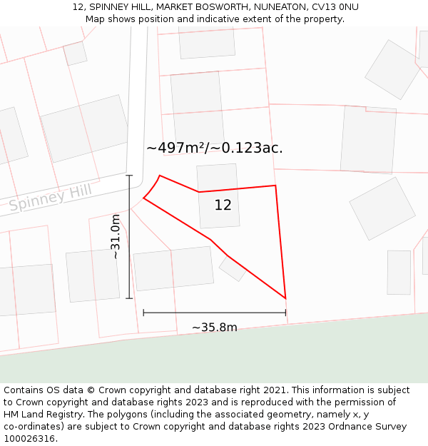 12, SPINNEY HILL, MARKET BOSWORTH, NUNEATON, CV13 0NU: Plot and title map