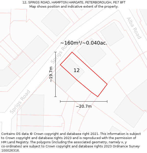 12, SPRIGS ROAD, HAMPTON HARGATE, PETERBOROUGH, PE7 8FT: Plot and title map