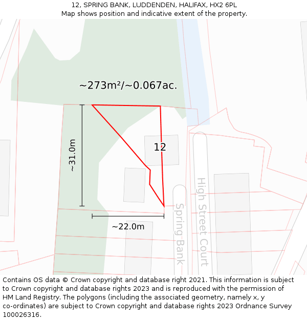 12, SPRING BANK, LUDDENDEN, HALIFAX, HX2 6PL: Plot and title map