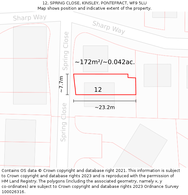 12, SPRING CLOSE, KINSLEY, PONTEFRACT, WF9 5LU: Plot and title map