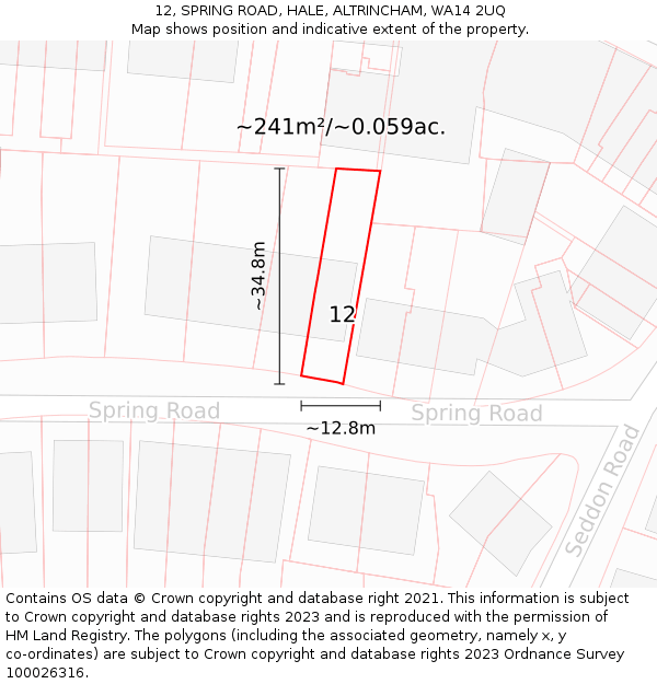 12, SPRING ROAD, HALE, ALTRINCHAM, WA14 2UQ: Plot and title map
