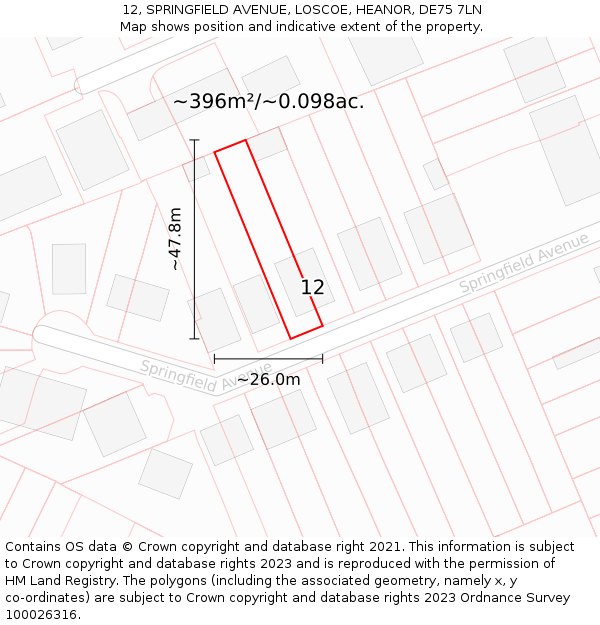 12, SPRINGFIELD AVENUE, LOSCOE, HEANOR, DE75 7LN: Plot and title map