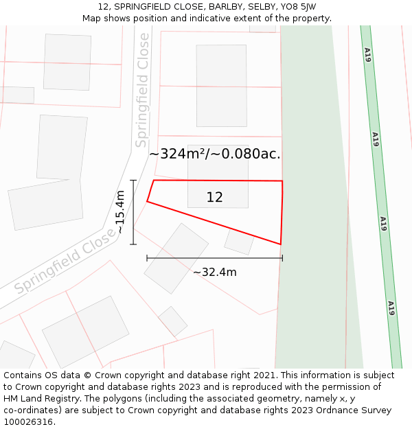 12, SPRINGFIELD CLOSE, BARLBY, SELBY, YO8 5JW: Plot and title map