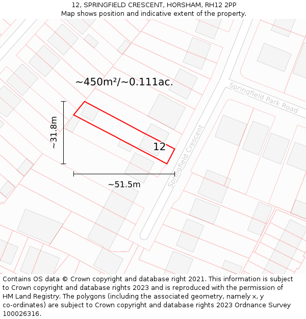 12, SPRINGFIELD CRESCENT, HORSHAM, RH12 2PP: Plot and title map