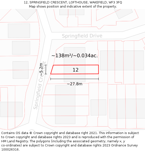 12, SPRINGFIELD CRESCENT, LOFTHOUSE, WAKEFIELD, WF3 3FQ: Plot and title map