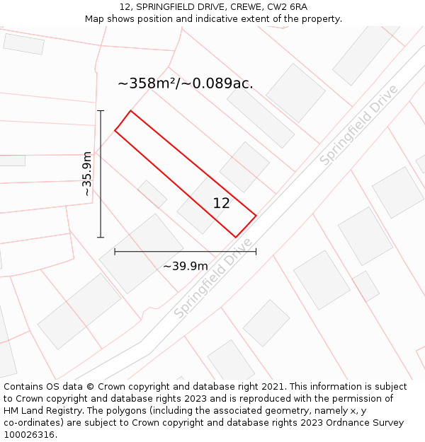 12, SPRINGFIELD DRIVE, CREWE, CW2 6RA: Plot and title map
