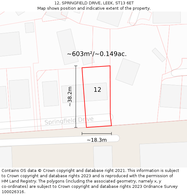 12, SPRINGFIELD DRIVE, LEEK, ST13 6ET: Plot and title map
