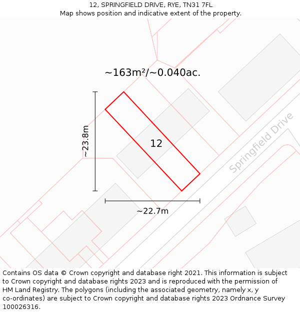 12, SPRINGFIELD DRIVE, RYE, TN31 7FL: Plot and title map