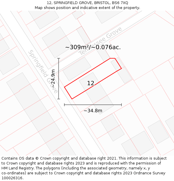 12, SPRINGFIELD GROVE, BRISTOL, BS6 7XQ: Plot and title map