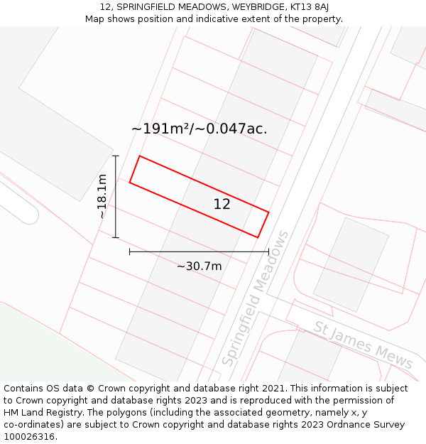 12, SPRINGFIELD MEADOWS, WEYBRIDGE, KT13 8AJ: Plot and title map