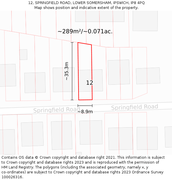 12, SPRINGFIELD ROAD, LOWER SOMERSHAM, IPSWICH, IP8 4PQ: Plot and title map