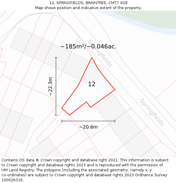 12, SPRINGFIELDS, BRAINTREE, CM77 6GE: Plot and title map