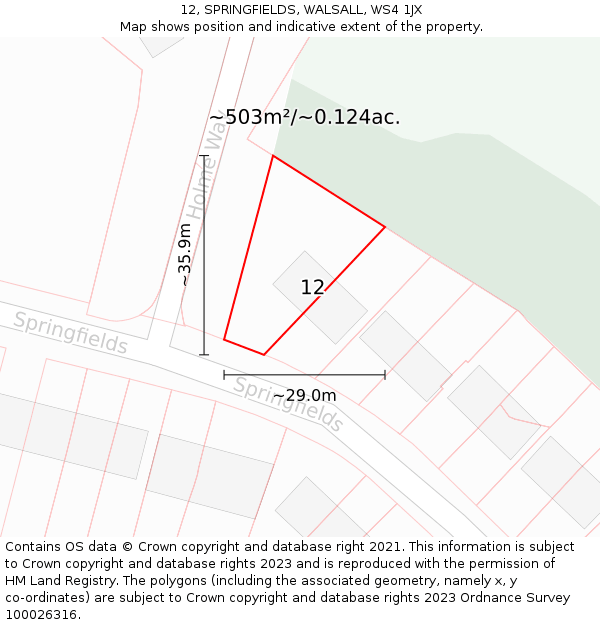 12, SPRINGFIELDS, WALSALL, WS4 1JX: Plot and title map