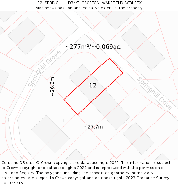 12, SPRINGHILL DRIVE, CROFTON, WAKEFIELD, WF4 1EX: Plot and title map