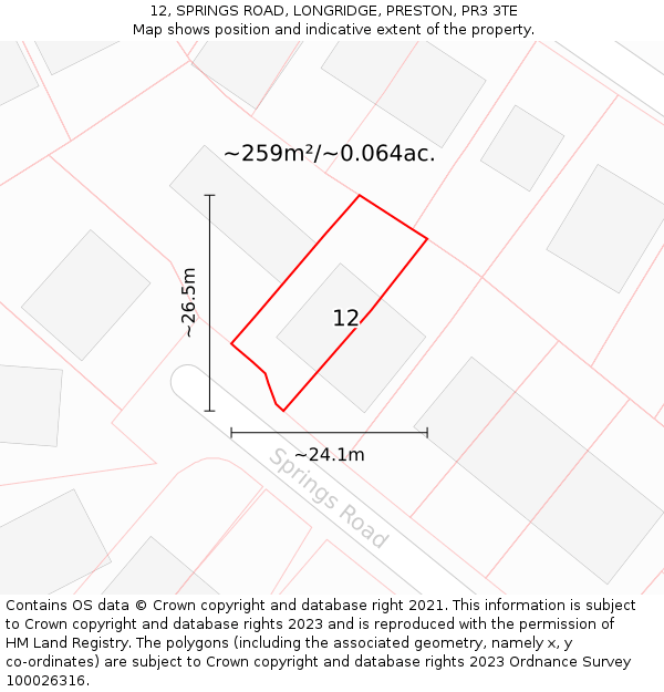12, SPRINGS ROAD, LONGRIDGE, PRESTON, PR3 3TE: Plot and title map