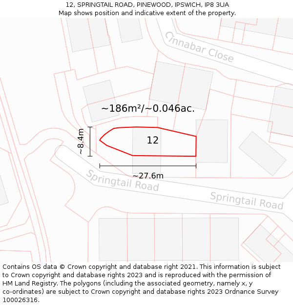 12, SPRINGTAIL ROAD, PINEWOOD, IPSWICH, IP8 3UA: Plot and title map