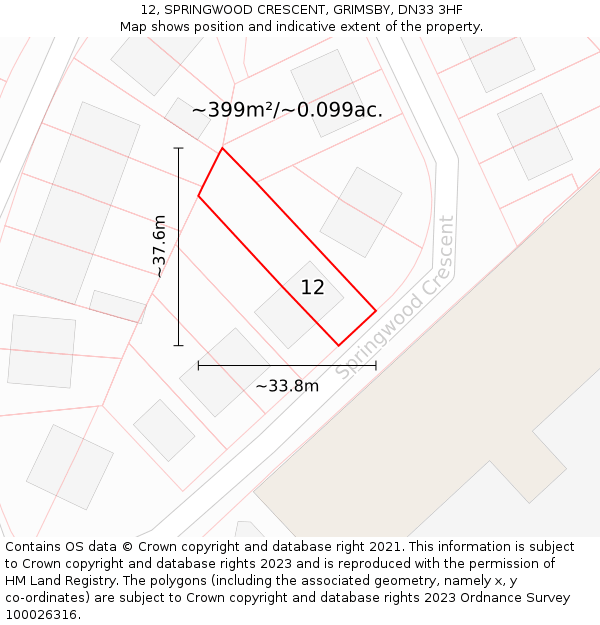12, SPRINGWOOD CRESCENT, GRIMSBY, DN33 3HF: Plot and title map